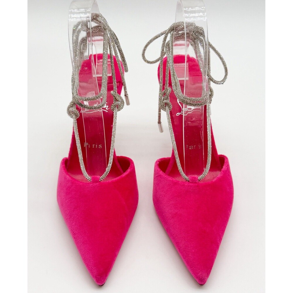 CHRISTIAN LOUBOUTIN Astrid Lace Strass 85 Pink Velvet Pumps Ankle Tie EU 39 US 9 - Picture 2 of 13